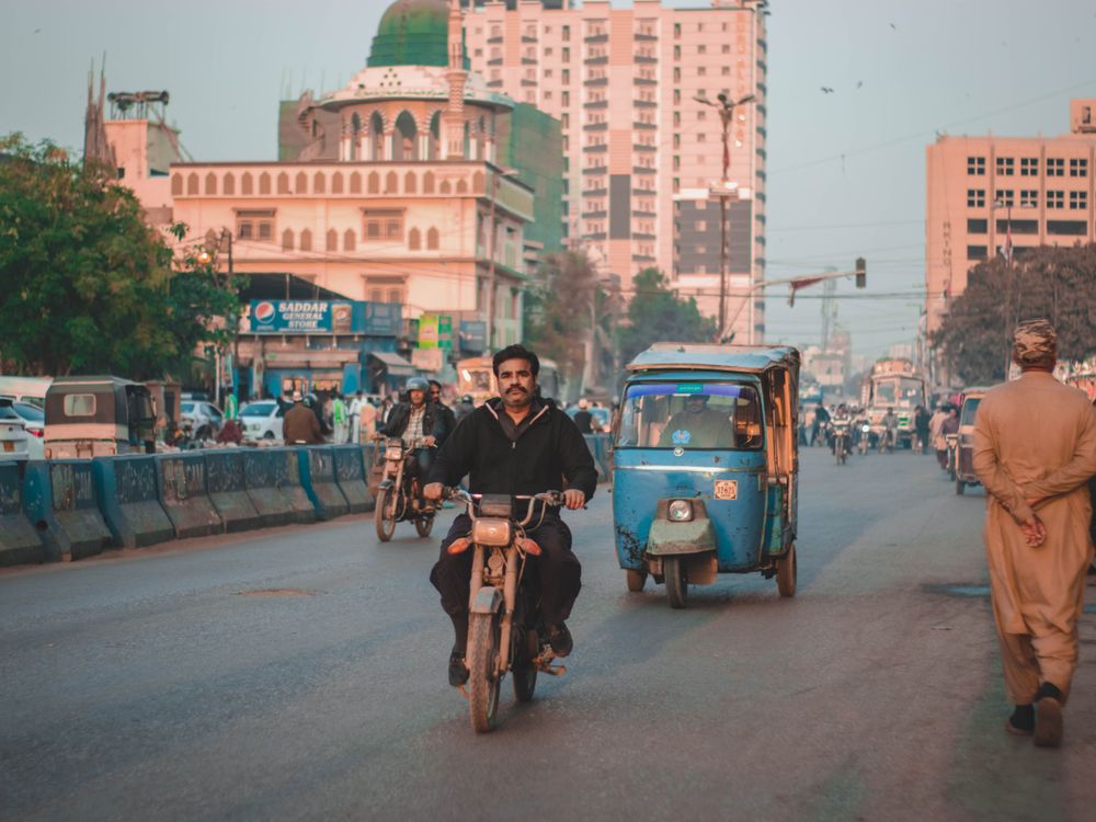 Busy urban street scene in Punjab, Pakistan